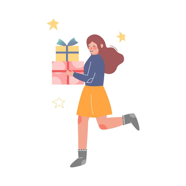 Happy Girl courir avec des boîtes-cadeaux, fête d'anniversaire, Noël ou Nouvel An Célébration Cartoon Illustration vectorielle — Image vectorielle