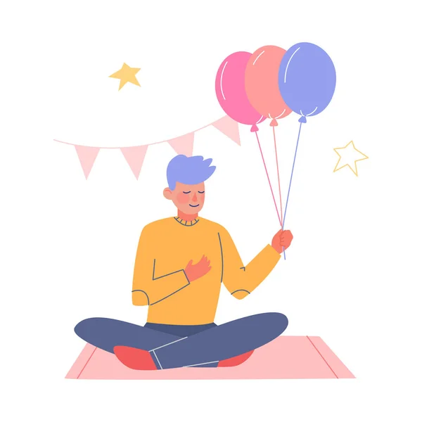 Adolescente divirtiéndose en la fiesta de cumpleaños, niño sentado en el suelo con globos de colores Dibujos animados Vector Ilustración — Archivo Imágenes Vectoriales