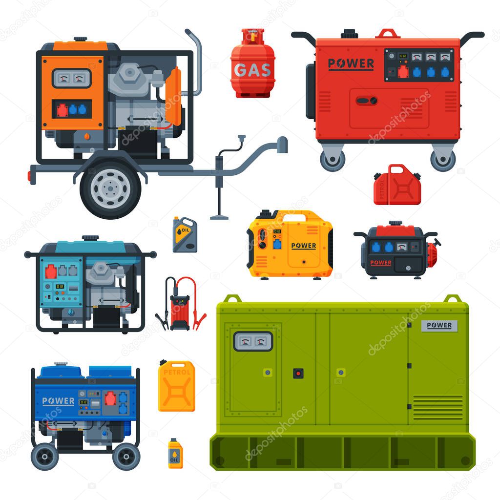 Different Types of Industrial Power Generators Set, Propane Gas Cylinder, Fuel Jerrycan, Electrical Engine Equipment Vector Illustration