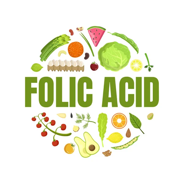 Folsäure-Banner-Vorlage, gesunde Vitamin-Lebensmittel, Produkte, die Folsäure in runder Form enthalten Vektor Illustration — Stockvektor