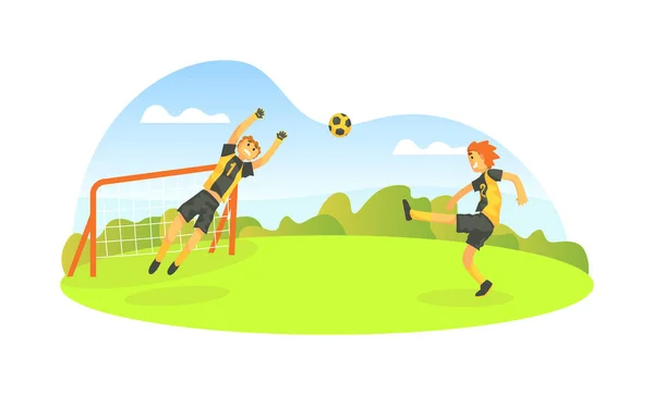 Les garçons adolescents jouent au football en plein air, les joueurs de football donnent le coup de pied au ballon sur le terrain de football Illustration vectorielle — Image vectorielle