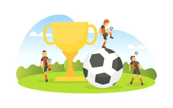 Grande Coppa Vincitore e Pallone da Calcio, Piccoli Giocatori di Calcio Calci Pallone al Campo di Calcio Vettoriale Illustrazione — Vettoriale Stock