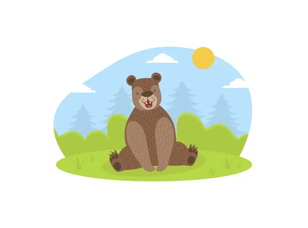 Bonito urso marrom selvagem floresta animal no verão natureza paisagem vetor ilustração — Vetor de Stock