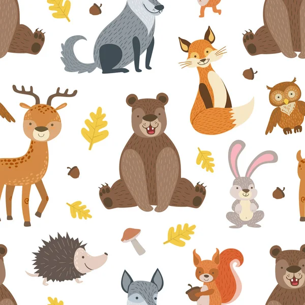 Wild Forest Animals Nahtloses Muster, Designelement kann für Stoff verwendet werden, Packpapier, Website, Wallpaper Vector Illustration — Stockvektor