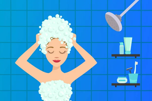 Krásná mladá žena mytí vlasů se šamponem v koupelně ploché vektorové ilustrace — Stockový vektor