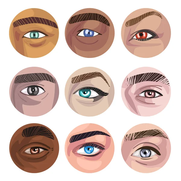 Human Eyes of Various Colors in Circles Collection, Part of Male or Female Faces Part Vector Illustration - Stok Vektor