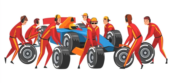 Pit Stop Crew medlemmar i röd enhetlig byta däck hjul tecknad vektor Illustration — Stock vektor