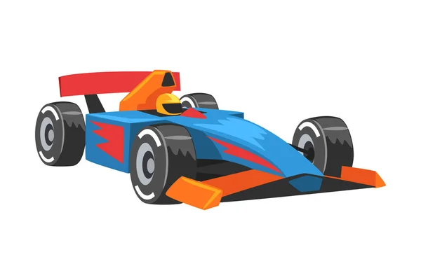 Carro de corrida azul em Pit Stop, Fast Motor Racing Bolid Cartoon Vector Ilustração — Vetor de Stock