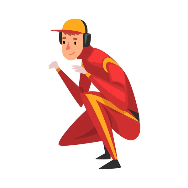 Professional Mechanic Cartoon Character in Red Unifrom, Maintenance of Racing Car Vector Illustration — стоковий вектор