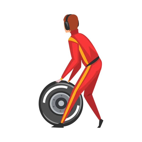 Pit Stop Crew Member with Tire Wheel, Maintenance of Racing Car, Professional Mechanic Cartoon Character in Uniform and earphones Vector Illustration — стоковый вектор