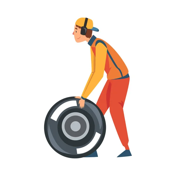 Pit Stop Crew Member, Maintenance of Racing Car, Professional Mechanic Cartoon Character in Uniform and earphones Changing Tire Wheel Vector Illustration — стоковый вектор