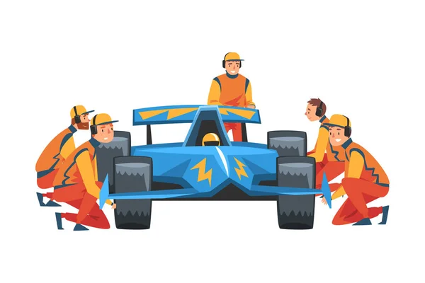 Pit Stop Crew Leden in Uniform veranderen van banden Wielen, Onderhoud van Racing Car, Professionele Mechanica Cartoon Karakters Vector Illustratie — Stockvector