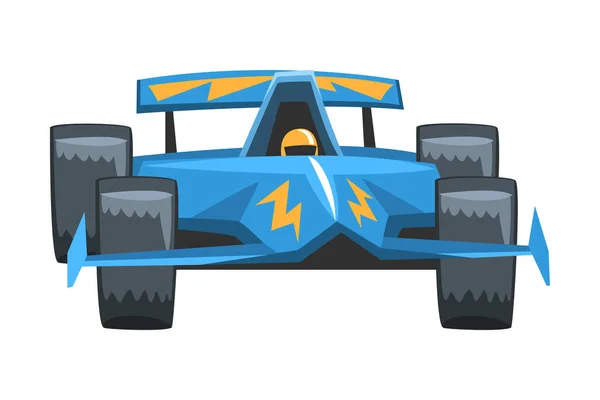 Carro rápido azul da corrida do motor, ilustração do vetor dos desenhos animados da vista dianteira — Vetor de Stock