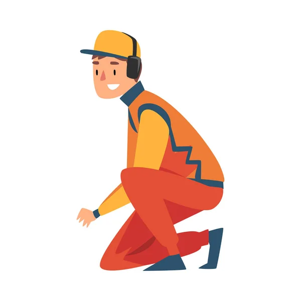 Κατάληψη Επαγγελματική Μηχανική Cartoon Character σε Unifrom και ακουστικά, Συντήρηση του αγωνιστικού αυτοκινήτου, Pit Stop Crew Εικονογράφηση μέλος Διάνυσμα — Διανυσματικό Αρχείο