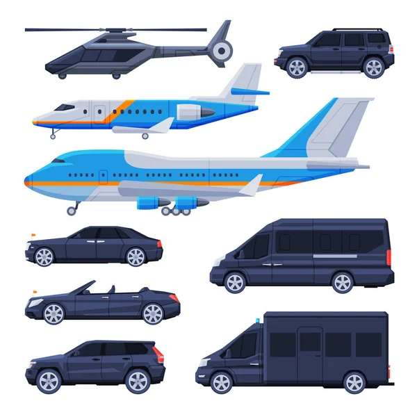 Government Vehicles Collection, Black Presidential Auto, Airplane, Helicopter, Luxury Business Transportation, Side View Flat Vector Illustration — Stock Vector