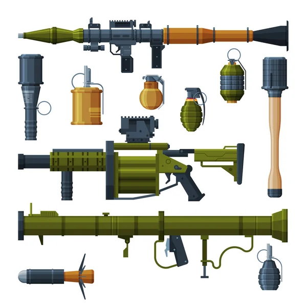 Military Hand Grenade and Bazooka Portable Rocket Launcher Collection, Combat Army Weapon Objects Flat Style Vector Illustration — 스톡 벡터