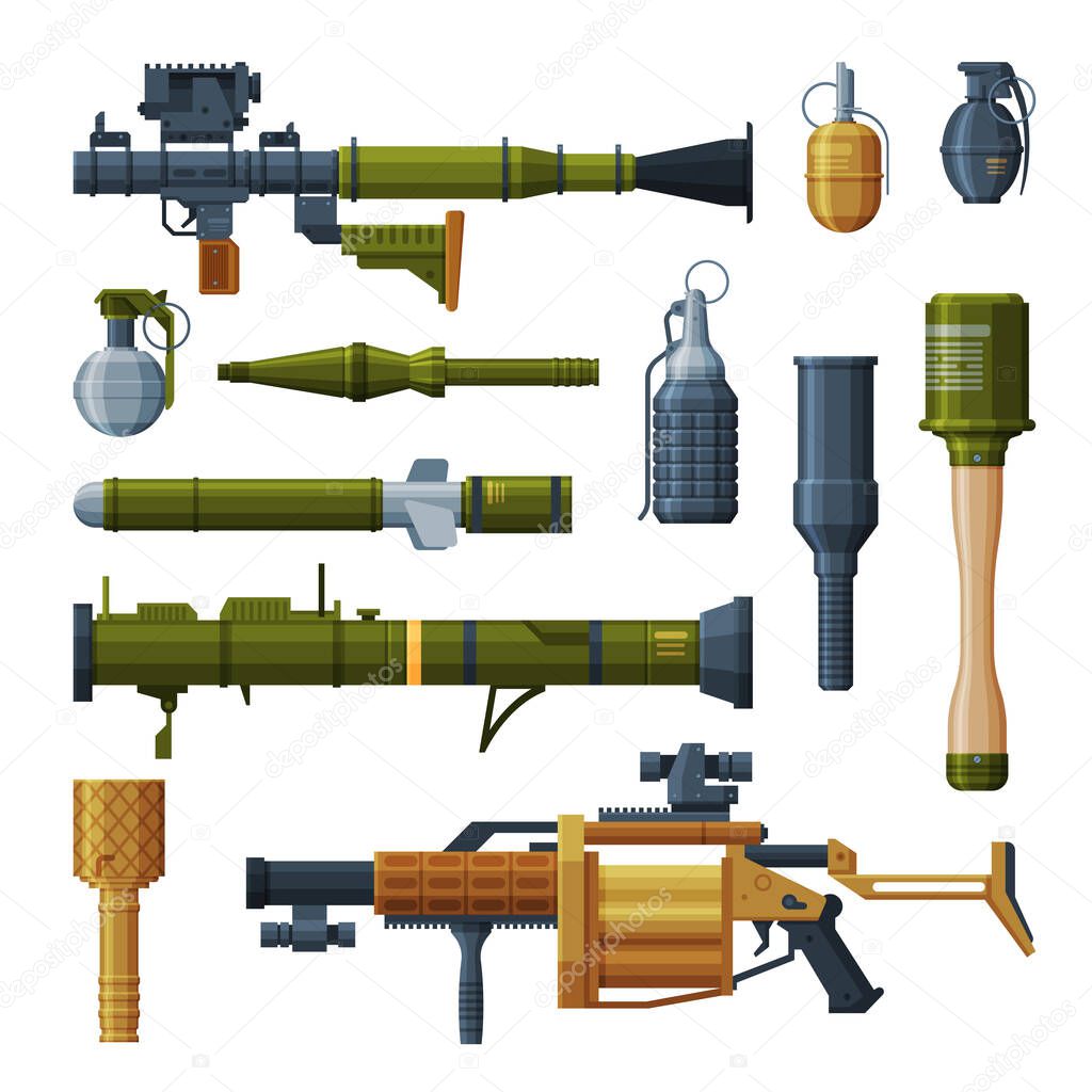 Hand Grenade and Bazooka Portable Rocket Launcher Collection, Military Combat Army Weapon Objects Flat Style Vector Illustration