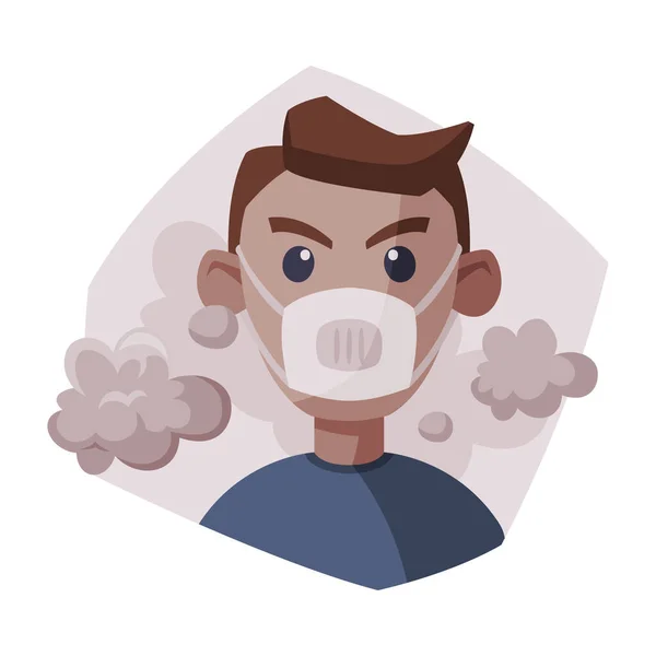 Man draagt beschermend gezichtsmasker, mensen lijden aan fijn stof en industriële smog, ecologische problemen, luchtverontreiniging Vector Illustratie — Stockvector