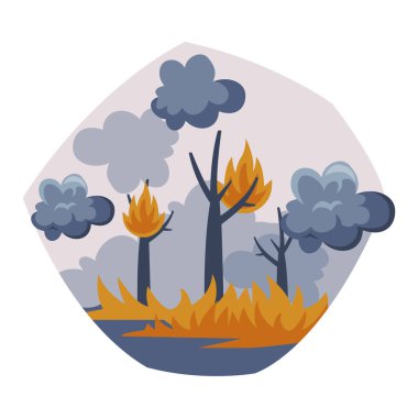 Yanan Orman, Ateş Altındaki Ağaç, Doğa Felaketi, Hava Kirliliği Vektörü İllüstrasyonu
