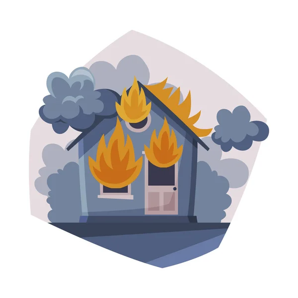 Hus på Brand, Brinnande Byggnad Med Rök, Luftföroreningar Vektor Illustration — Stock vektor