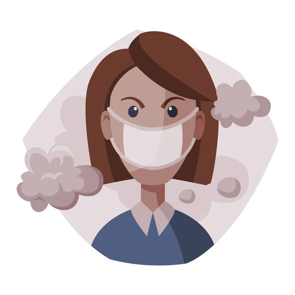Mulher vestindo máscara protetora, pessoa que sofre de fumaça industrial, problemas ecológicos, ilustração do vetor da poluição do ar —  Vetores de Stock
