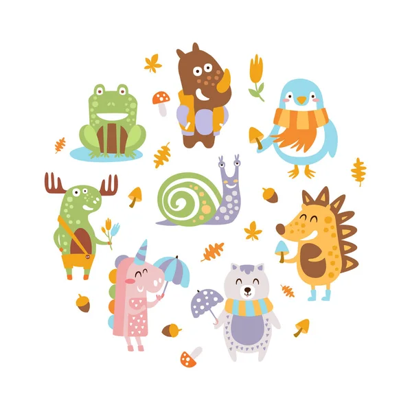 Cute Wild Animals of Round Shape, Snail, Moose, Unicorn, Bear, Raccoon, Hedgehog, Frog Forest Animals Banner Template Vector Illustration — Stock Vector