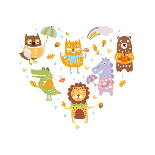 Cute Wild Animals of Heart Shape, Snail, Owl, Fox, Crocodile, Lion, Bear, Horse, Bear Forest Animals Banner Template Vector Illustration — Stock Vector