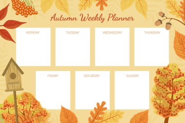 Sonbahar Haftası Planlayıcı Şablonu, Haftanın Takvimi Parlak Sonbahar Yaprak Vektörü İllüstrasyonu