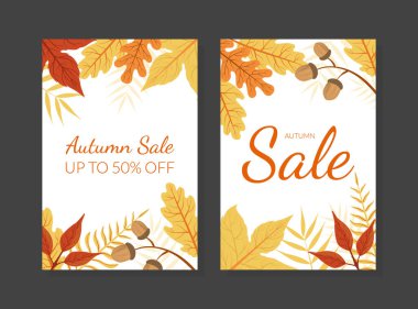Renkli Yapraklarla Sonbahar Satış Kartı Şablonu, Sonbahar Alışveriş Mevsimi Reklam Sancağı, Flyer, Davetiye, Sertifika Vektörü Resimleri