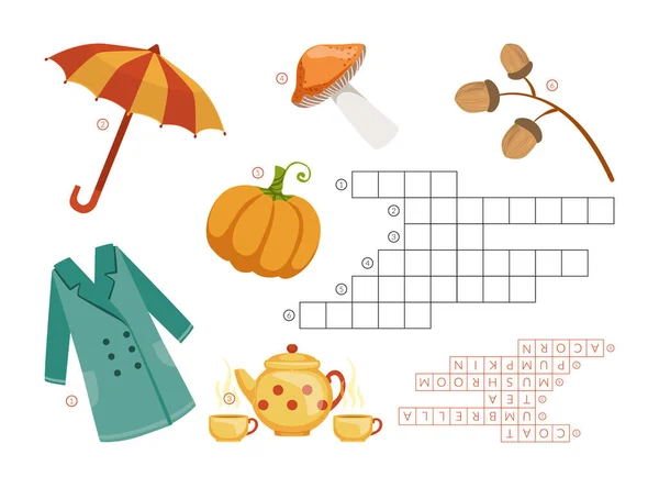 Engels leren met een herfstkruiswoordraadsel Onderwijsspel voor Kinderen, Herfst Thema, Leer Engels Concept Vector Illustratie — Stockvector