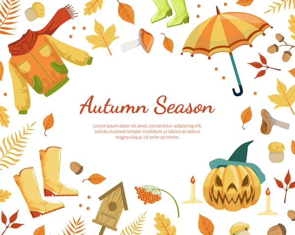Plantilla de banner de temporada de otoño con hojas coloridas y espacio para texto, folleto promocional de compras de temporada de otoño, folleto, tarjeta de invitación, ilustración de vectores publicitarios — Vector de stock
