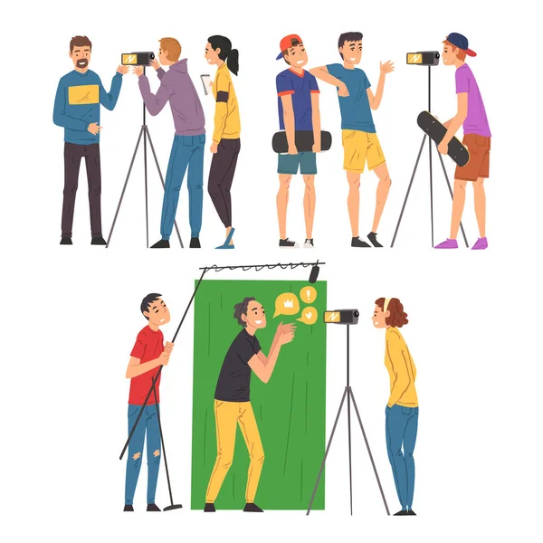 Bloggers Streaming Online Set, Cameraman en Soundman Opname Video met Camera en Microfoon, Social Media Bloggen Cartoon Vector Illustratie — Stockvector