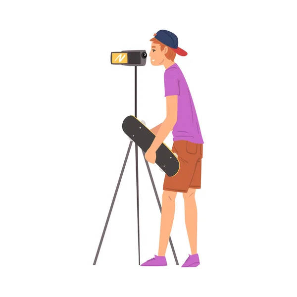 Boy Skateboarder Blogger Streaming Online Recording Video with Camera, Film Scene or Video Blog Recording Process Cartoon Vector Illustration — Stock Vector