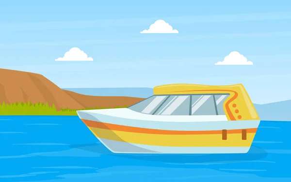 Pequeña lancha a motor en Blue River o Lake en el hermoso paisaje de verano Vector Illustration — Vector de stock