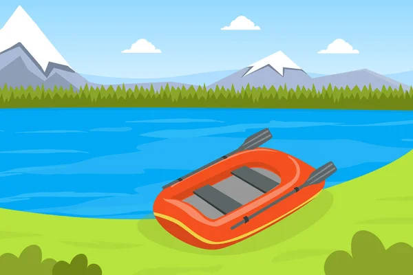 Barco inflável no banco do rio ou do lago, ilustração bonita do vetor da paisagem da montanha do verão — Vetor de Stock