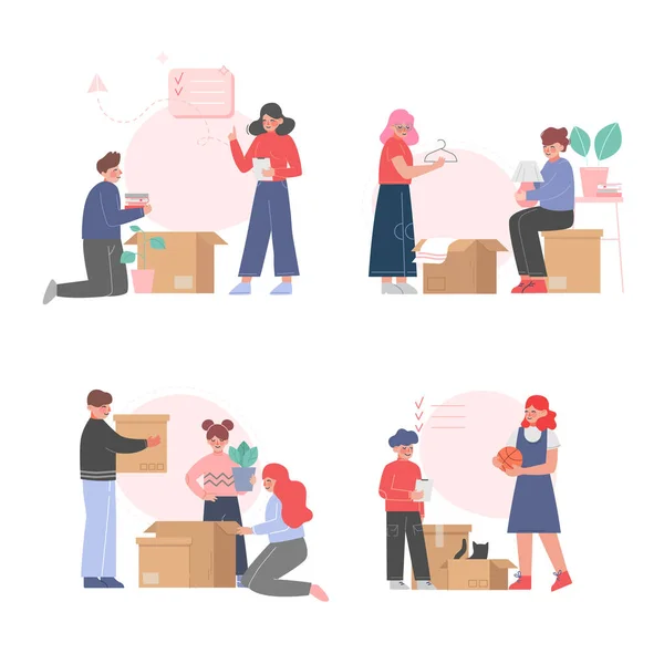 Familias Embalaje o desembalaje Pertenencias en cajas de cartón conjunto, personas que se trasladan a un nuevo hogar Vector Ilustración — Vector de stock