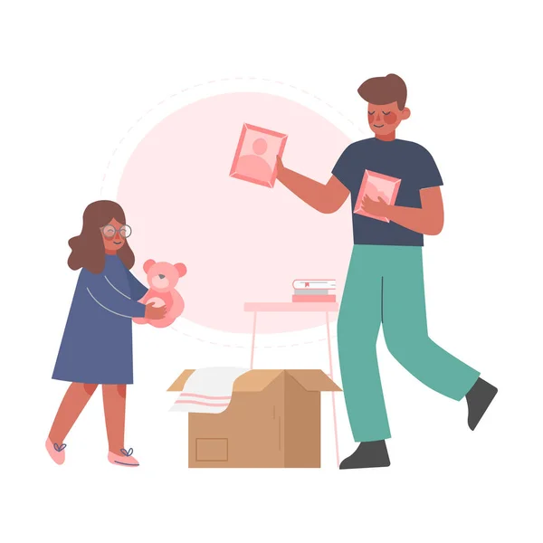 Dad and his Daughter Packing Boxes in Room, Family Relocating to New Apartment Vector Illustration — Stock Vector