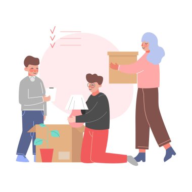 Anne, Baba ve Oğul Paketleme Odası, Aile Yeni Daire Vektör İllüstrasyonuna Taşınma