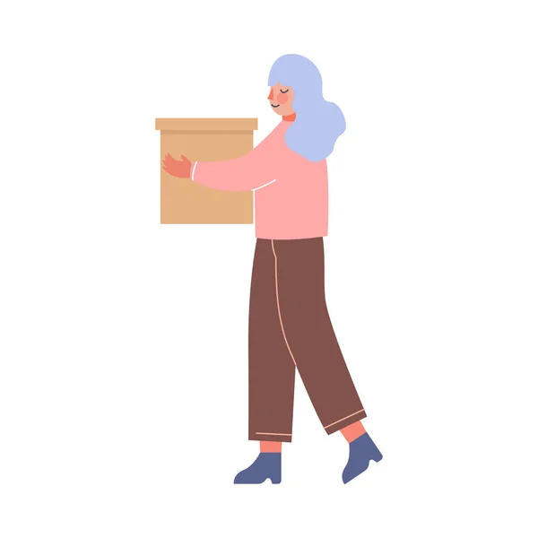 Mujer joven que lleva la caja de cartón, niña que se muda a un nuevo hogar Vector Ilustración — Archivo Imágenes Vectoriales