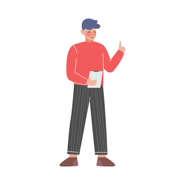 Молодий чоловік зі списком Do, хлопець стоїть з кишені тримає свій індекс палець Векторні ілюстрації — стоковий вектор