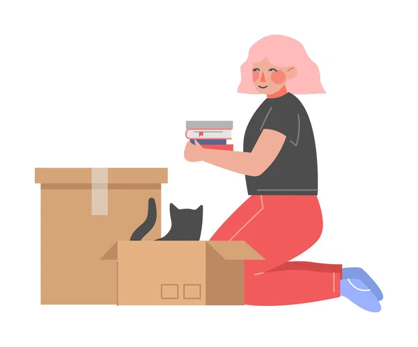 Junge Frau sitzt auf den Knien beim Packen oder Auspacken von Habseligkeiten in Pappkartons, Kerl zieht um — Stockvektor