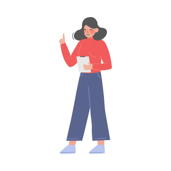 Mujer joven con que hacer la lista, chica de pie con portapapeles sosteniendo su índice Vector de dedo Ilustración — Vector de stock