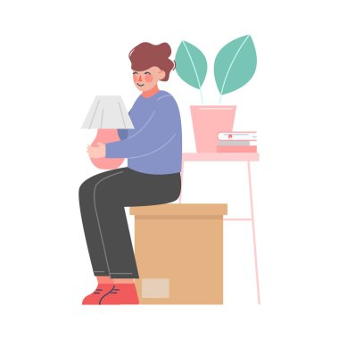 Karton Kutuda Oturan Kız, Taşınmaya Hazırlanan Kadın, Yeni Ev Vektörü Resmine Taşınma