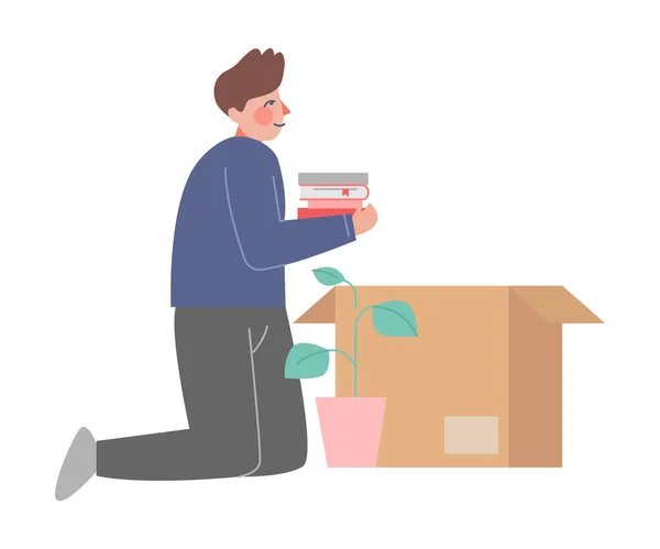 Young Man Sitting on Knees Packing his Stuff Preparing for Relocation, Guy Moving to New Home Vector Illustration — Stock Vector