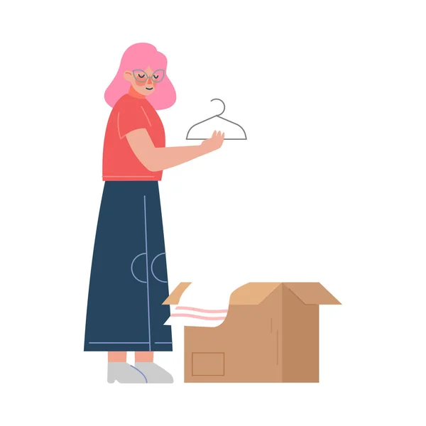 Chica empacando sus pertenencias preparándose para la reubicación, mujer mudándose a un nuevo hogar Vector Ilustración — Archivo Imágenes Vectoriales