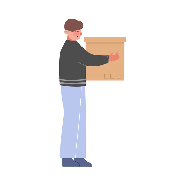 Young Man Holding Cardboard Box, Guy Moving to New Home Vector Illustration — Stock Vector