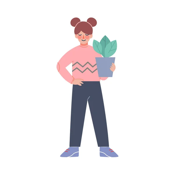 Lány gazdaság Virágcserép zöld növény, gyermek gondozása háztartási vagy költözés egy másik otthoni vektor illusztráció — Stock Vector