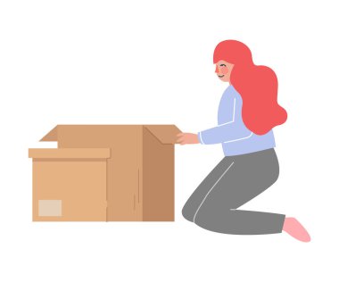 Kız Diz çöküp Ait olduğu şeyleri paketliyor Yeniden Yerleştirme için Hazırlanıyor, Kadın Yeni Ev Vektörü Resimlerine Taşanıyor