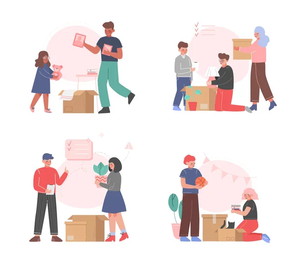 Personas Empaquetando o Desempacando Pertenencias en Cajas de Cartón Preparándose para el Conjunto de Reubicación, Familias Mudándose a Otro Hogar Vector Ilustración — Vector de stock