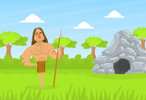 Homem da caverna pré-histórico na pele animal que está com a lança na idade da pedra Ilustração natural do vetor da paisagem —  Vetores de Stock